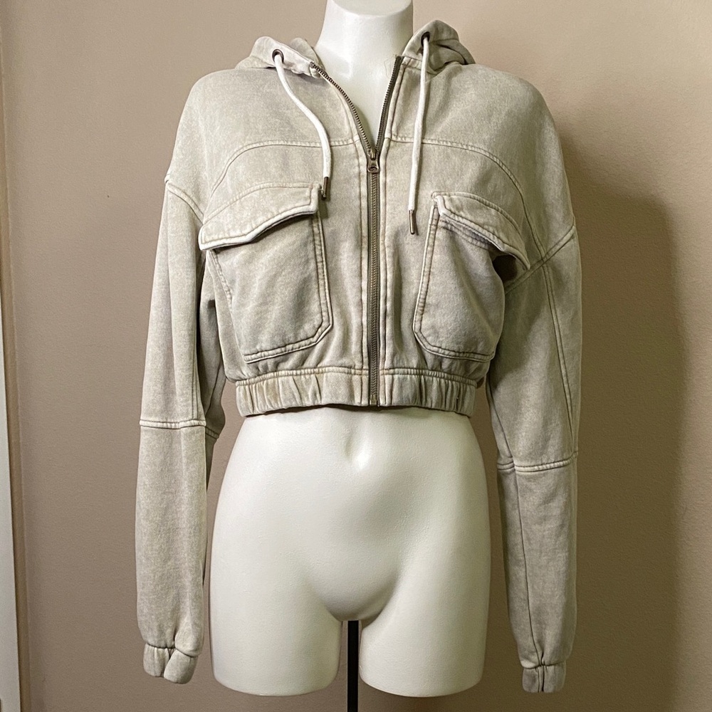 Urban Outfitters Cropped Bomber Hoodie in Light Beige